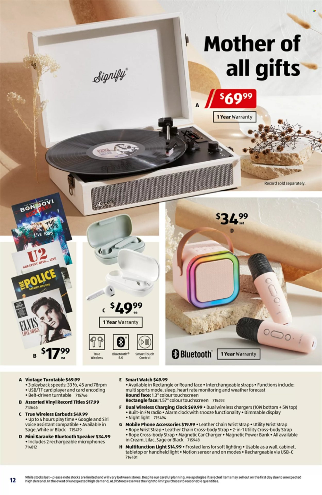 thumbnail - ALDI Catalogue - 24 Apr 2024 - 30 Apr 2024 - Sales products - clock, alarm clock, vinyl record, motion sensor, mobile phone, power bank, smartphone accessories, car charger, smart watch, lens, radio, turntable, speaker, bluetooth speaker, earbuds, cabinet, wrist strap, lighting, nightlight, strap. Page 12.