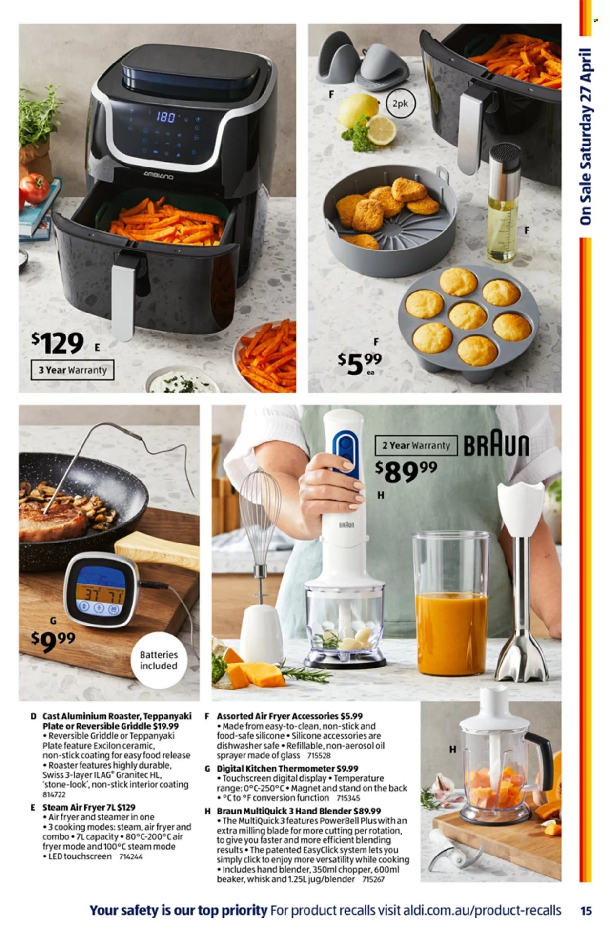 thumbnail - ALDI Catalogue - 24 Apr 2024 - 30 Apr 2024 - Sales products - oil, thermometer, plate, handy chopper, Braun, air fryer, roaster, hand blender, griddle, sprayer. Page 15.