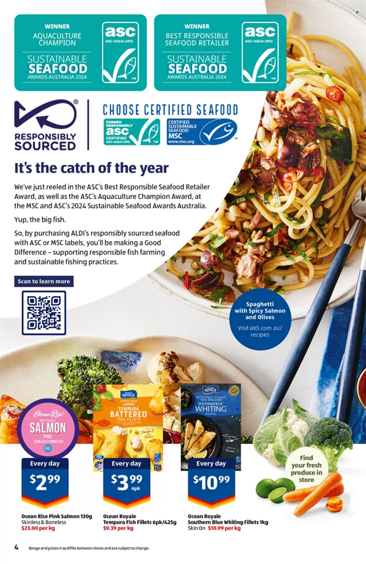 thumbnail - ALDI Catalogue - 24 Apr 2024 - 30 Apr 2024 - Sales products - whiting fillets, whiting, spaghetti, pasta, breaded fish, ready meal, olives, label, Omega-3. Page 20.