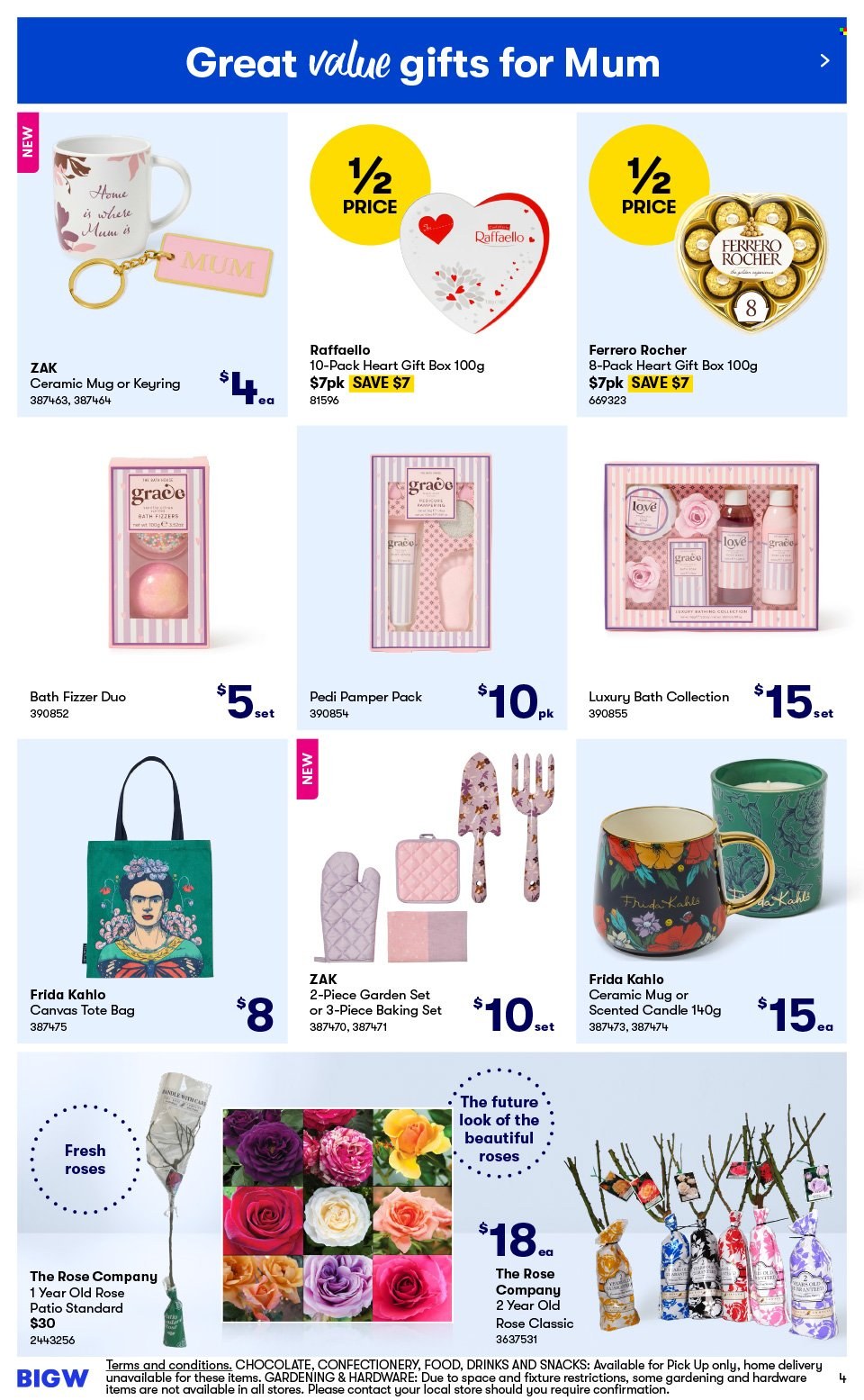 thumbnail - BIG W Catalogue - Sales products - chocolate, Ferrero Rocher, gift box, Raffaello, bath bomb, Mum, ceramic mug, mug, baking set, canvas, candle, scented candle, Pamper, tote, tote bag, rose. Page 4.