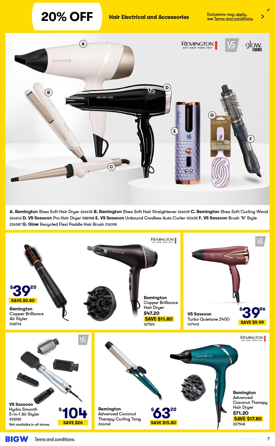 thumbnail - BIG W Catalogue - Sales products - hair brush, tong, Remington, hair dryer, straightener. Page 7.