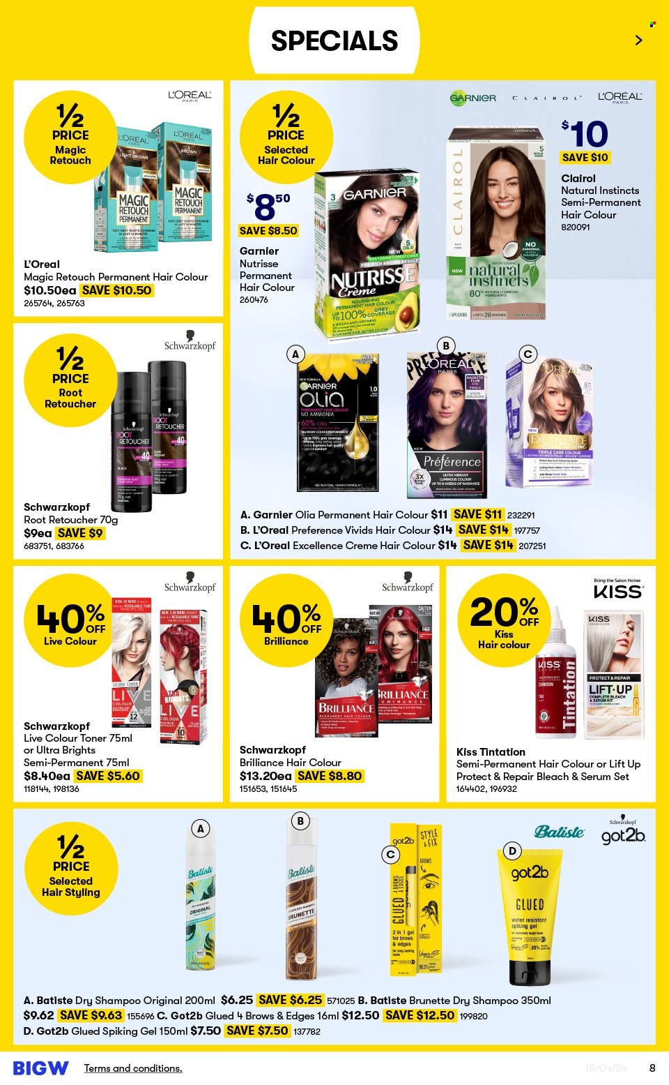 thumbnail - BIG W Catalogue - Sales products - bleach, shampoo, Schwarzkopf, Garnier, L’Oréal, serum, toner, Clairol, hair color, hair styling product, dry shampoo. Page 8.