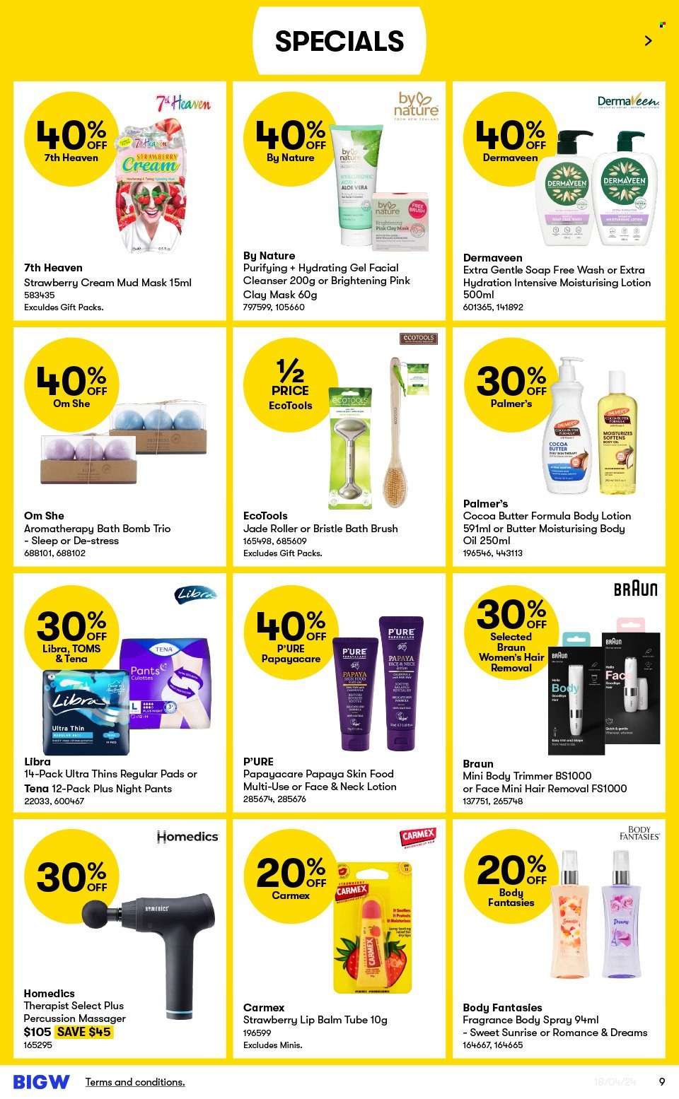 thumbnail - BIG W Catalogue - Sales products - gift set, Thins, pants, pads, bath bomb, soap, cleanser, lip balm, skin care product, body lotion, body oil, body spray, fragrance, hair removal, brush, percussion instrument, Braun, trimmer, massager, roller. Page 9.
