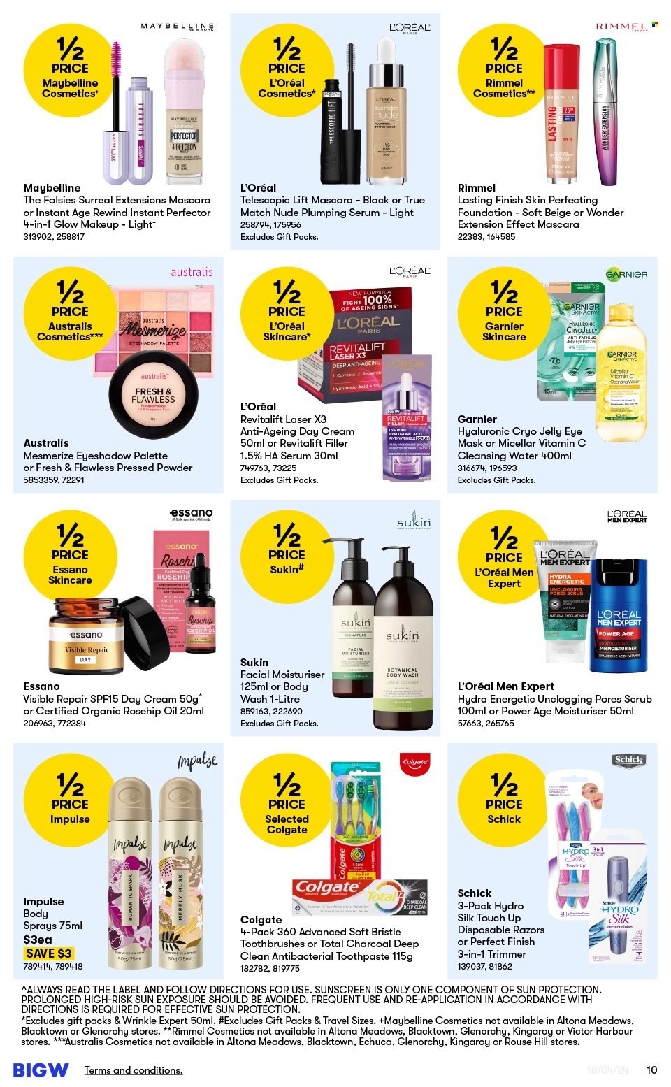thumbnail - BIG W Catalogue - Sales products - gift set, body wash, Colgate, toothbrush, toothpaste, day cream, Garnier, L’Oréal, serum, L’Oréal Men, Revitalift Laser, rosehip oil, plumping serum, eye mask, Essano, Sukin, body spray, sunscreen lotion, Schick, disposable razor, eye palette, eyeshadow, makeup, mascara, Maybelline, Rimmel, face powder, decorative cosmetic, label, Victor, trimmer, laser. Page 10.