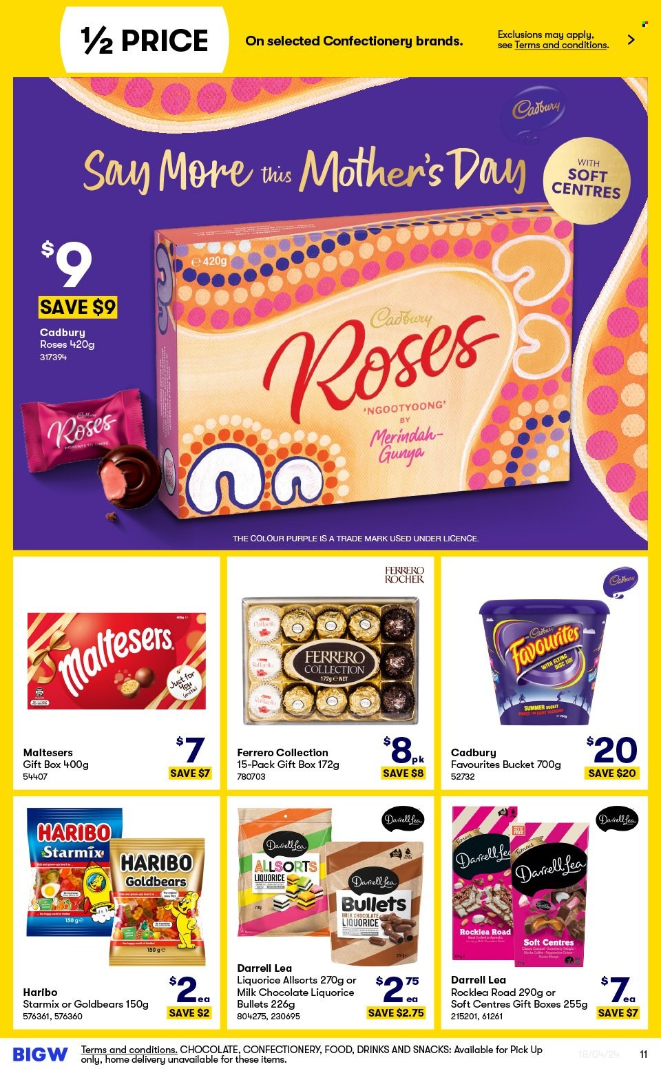thumbnail - BIG W Catalogue - Sales products - pralines, Ferrero Rocher, Haribo, gift box, jelly candy, Maltesers, Cadbury, Cadbury Roses, chocolate candies, gummies, bucket, flying disc. Page 11.