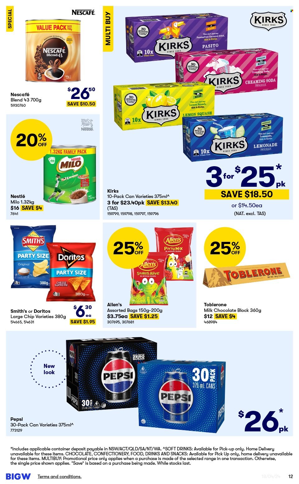 thumbnail - BIG W Catalogue - Sales products - milk chocolate, Nestlé, chocolate, Toblerone, lollies, Doritos, Smith's, salty snack, lemonade, Pepsi, soft drink, container. Page 12.