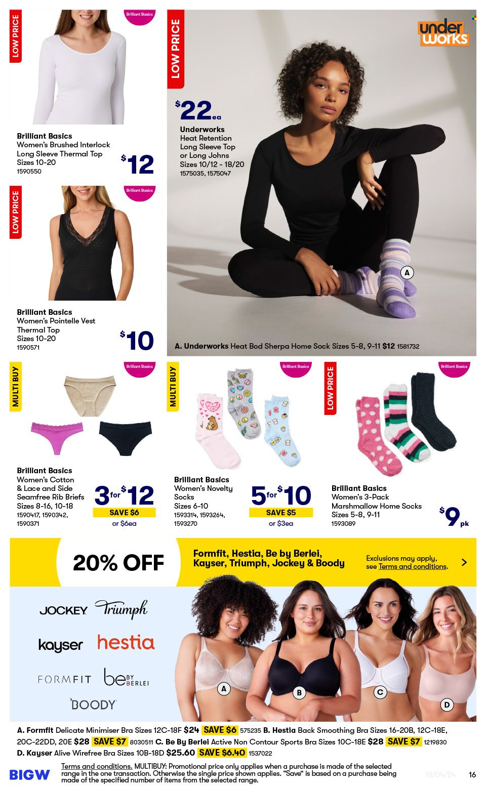 thumbnail - BIG W Catalogue - Sales products - marshmallows, contour, thermal shirt, t-shirt, vest, socks, bra, briefs, Kayser, Berlei, sports bra. Page 16.