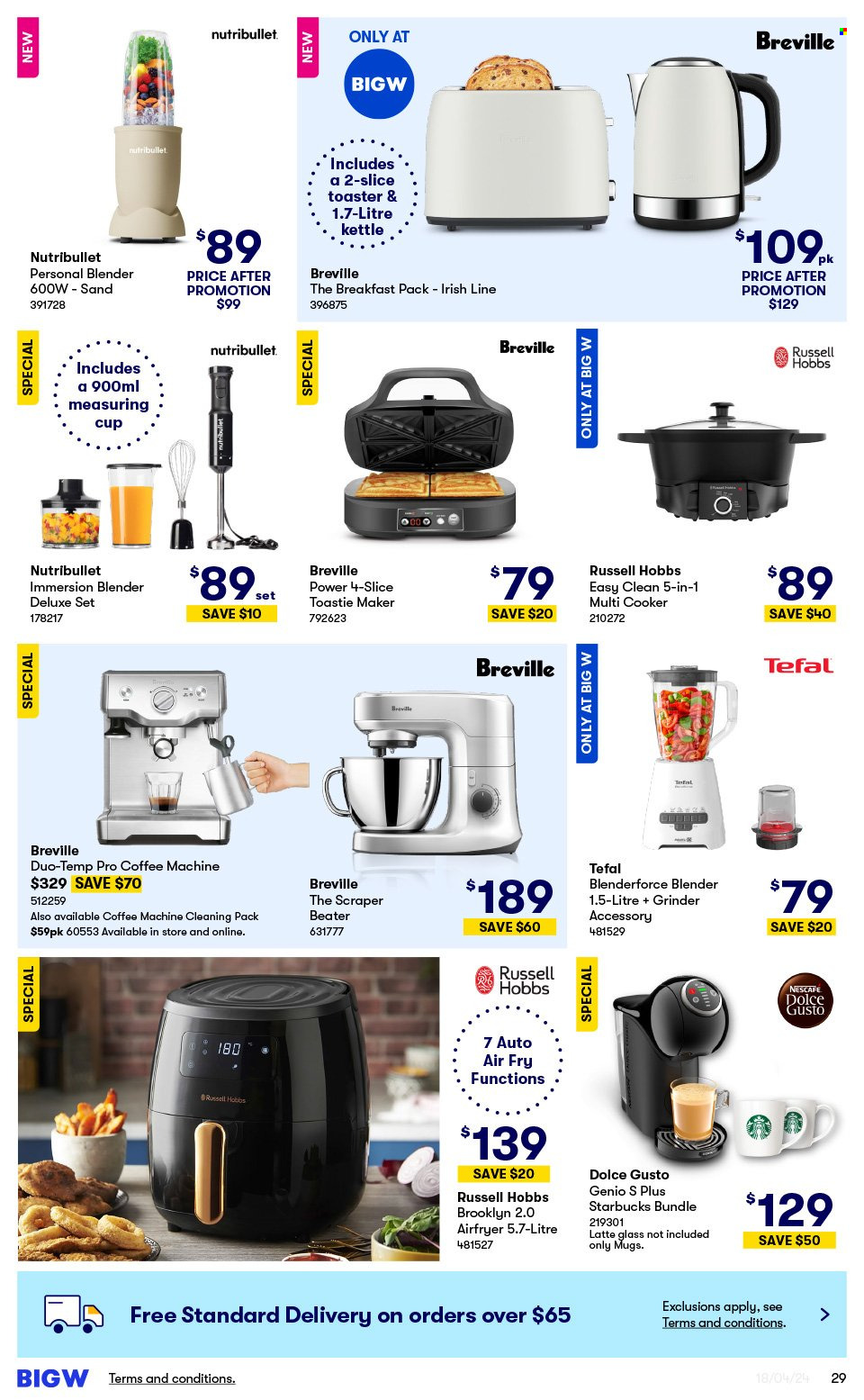 thumbnail - BIG W Catalogue - Sales products - Tefal, mug, breakfast pack, measuring cup, coffee machine, Dolce Gusto, blender, multifunction cooker, air fryer, NutriBullet, Russell Hobbs, toaster, kettle, grinder. Page 29.