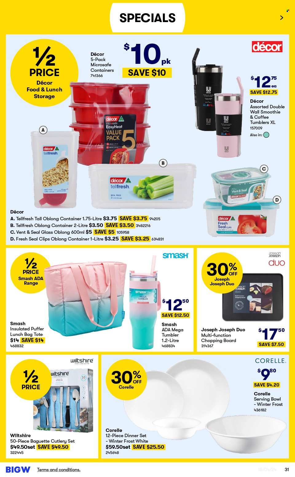 thumbnail - BIG W Catalogue - Sales products - dinnerware set, tumbler, chopping board, cutlery set, serving bowl, bowl, container, meal box, school accessories, tote. Page 31.