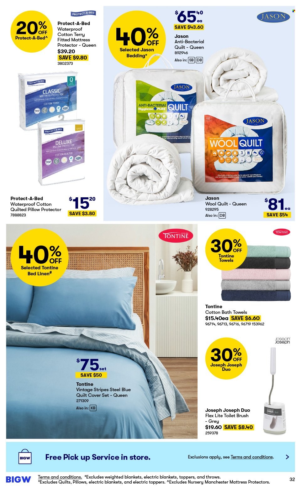 thumbnail - BIG W Catalogue - Sales products - Whisper, toilet brush, bedding, blanket, linens, wool quilt, mattress protector, Protect-A-Bed, quilt cover set, pillow protector, bath towel, towel, electric blanket. Page 32.