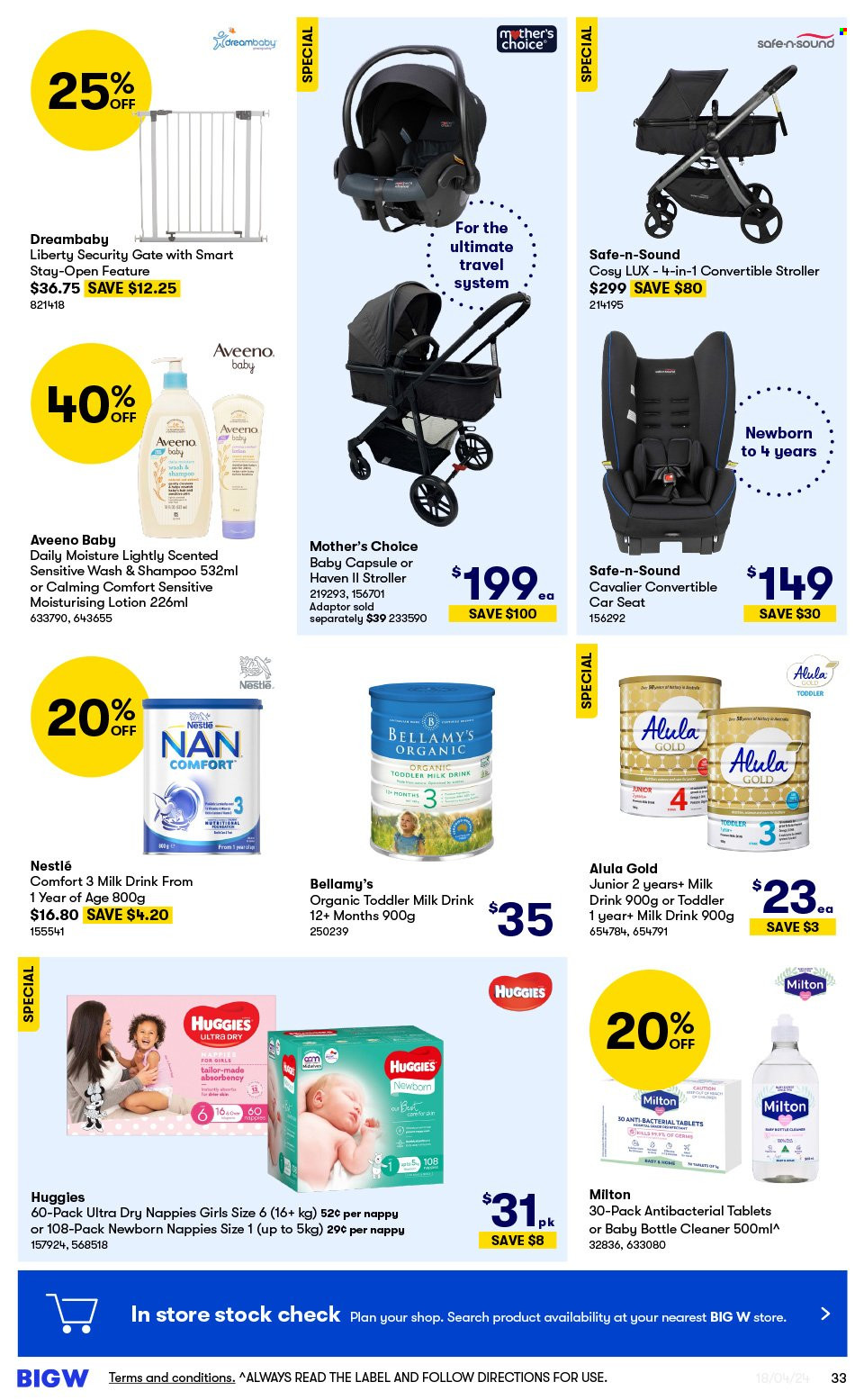 thumbnail - BIG W Catalogue - Sales products - Nestlé, Huggies, nappies, Aveeno, cleaner, Lux, shampoo, label, adaptor, safe, baby bottle, baby car seat, car seat. Page 33.