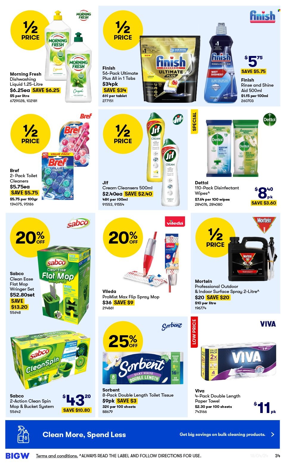 thumbnail - BIG W Catalogue - Sales products - Jif, wipes, Dettol, toilet paper, paper towels, cleaner, Mortein, Sabco, dishwashing liquid, Finish Powerball, cleanser, insecticide, Vileda, bucket, label, spin mop, mop. Page 34.