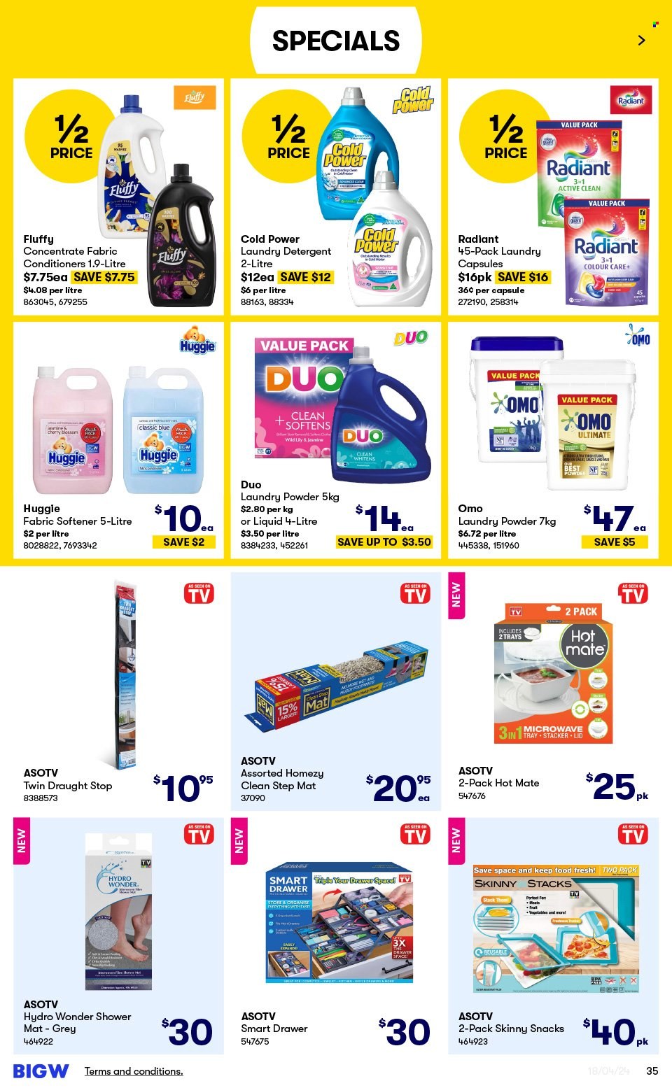 thumbnail - BIG W Catalogue - Sales products - detergent, fabric softener, Omo, laundry powder, laundry detergent, laundry capsules, lid, microwave, lily. Page 35.