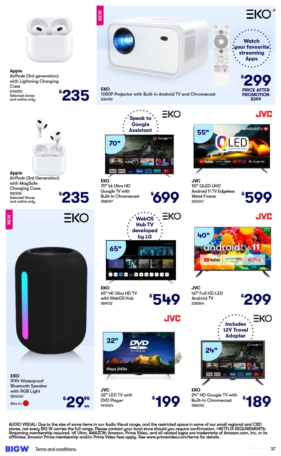 thumbnail - BIG W Catalogue - Sales products - Apple, JVC, Android TV, LED TV, smart tv, UHD TV, ultra hd, HDTV, TV, dvd player, projector, speaker, bluetooth speaker, Airpods, earbuds, adapter, Google Chromecast, metal frame, watch. Page 37.