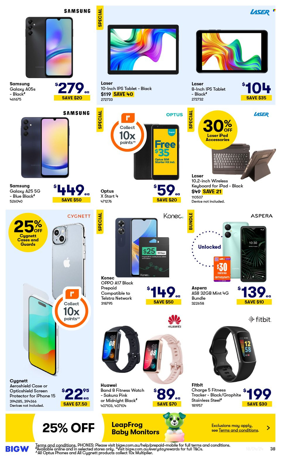 thumbnail - BIG W Catalogue - Sales products - Apple, tablet, Huawei, Samsung Galaxy, keyboard, Samsung, Oppo, phone, smartphone, Optus, Aspera, SIM card, Fitbit, fitness smart watch, fitness tracker, monitor, laser, LeapFrog, mint. Page 38.