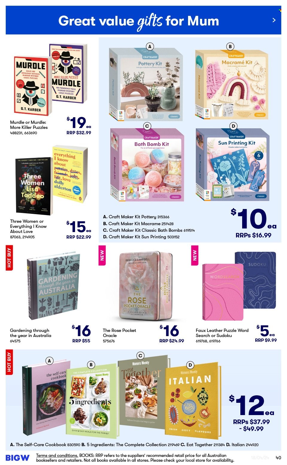 thumbnail - BIG W Catalogue - Sales products - bath bomb, Mum, book, cookbook, puzzle, rose. Page 40.