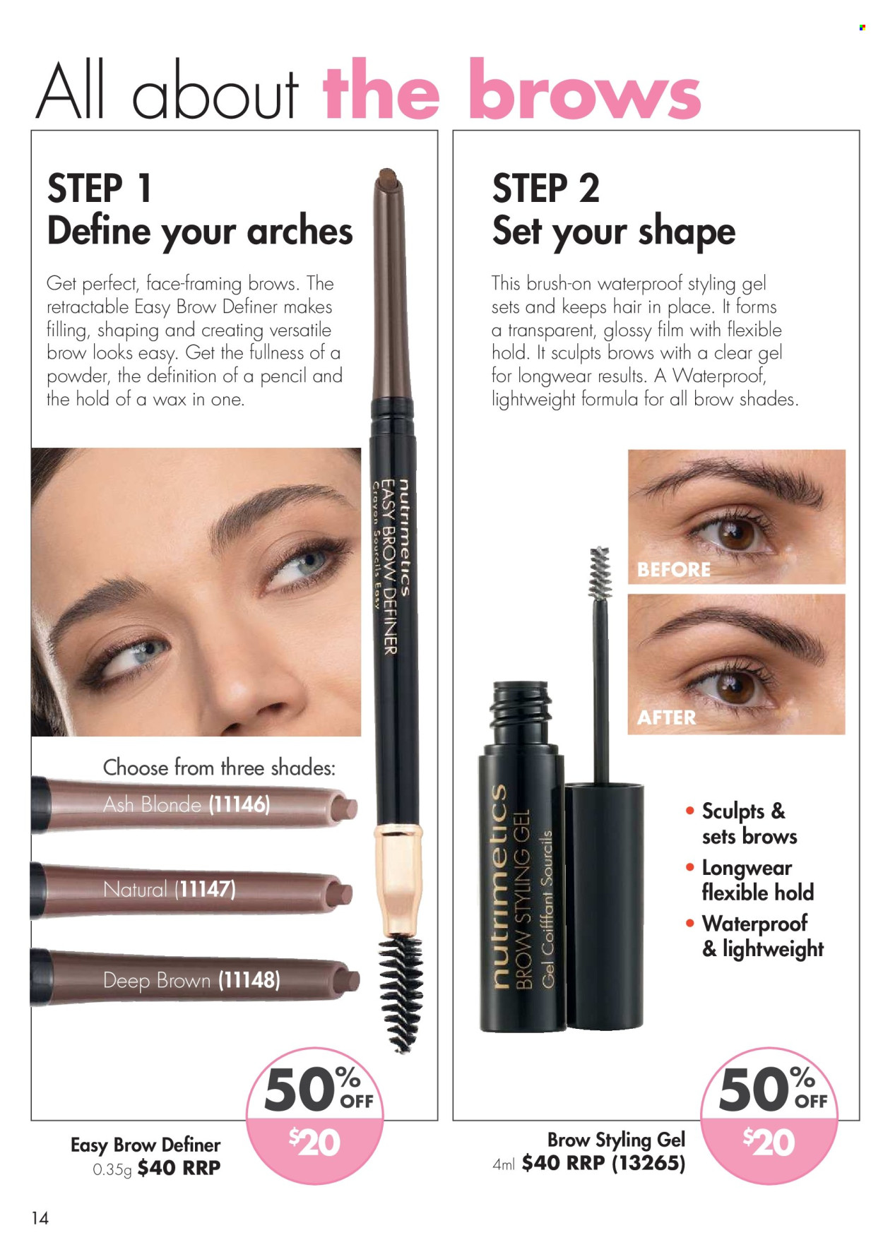thumbnail - Nutrimetics Catalogue - 16 Apr 2024 - 31 May 2024 - Sales products - Nutrimetics, shades, eyeliner, brow gel, nutritional supplement. Page 14.