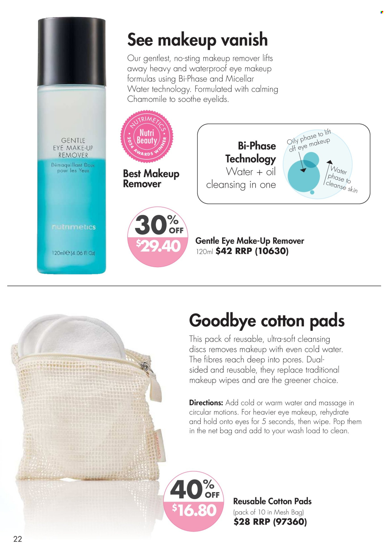 thumbnail - Nutrimetics Catalogue - 16 Apr 2024 - 31 May 2024 - Sales products - wipes, cotton pads, pads, Vanish, makeup remover, micellar water, Niacinamide, Nutrimetics, Mum. Page 22.