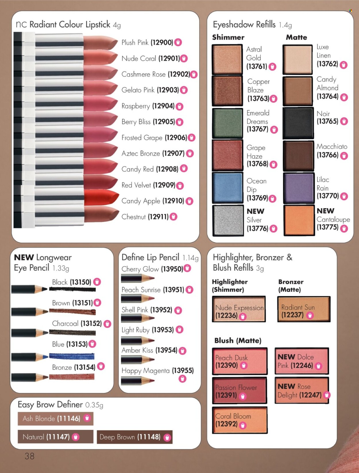 thumbnail - Nutrimetics Catalogue - 1 Apr 2024 - 30 Jun 2024 - Sales products - eyeshadow, lipstick, eyeliner, bronzing powder, brow pencil, highlighters. Page 38.