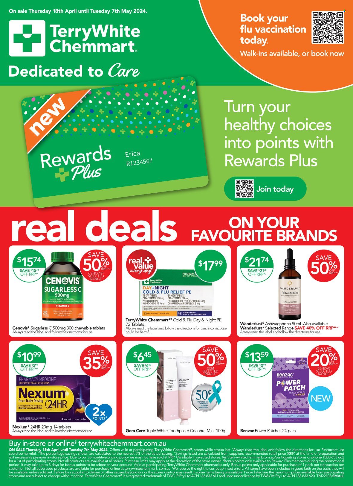 thumbnail - TerryWhite Chemmart Catalogue - 18 Apr 2024 - 7 May 2024 - Sales products - toothpaste, Cold & Flu, vitamin c, Nexium, Cenovis, health supplement, medicine, acid blocker. Page 1.