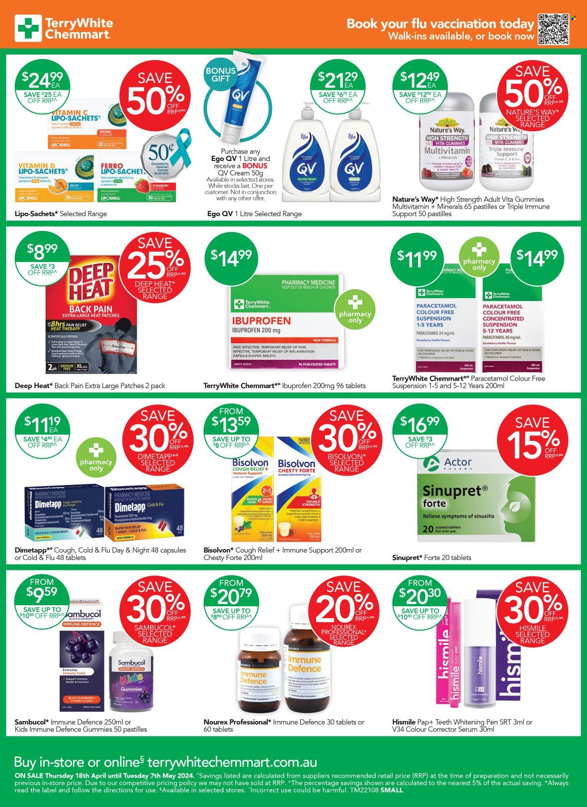thumbnail - TerryWhite Chemmart Catalogue - 18 Apr 2024 - 7 May 2024 - Sales products - intimate wash, teeth whitening, serum, pain relief, Dimetapp, Cold & Flu, multivitamin, Ibuprofen, pastilles, Sambucol, dietary supplement, health supplement, medicine, pain therapy, corrector. Page 2.