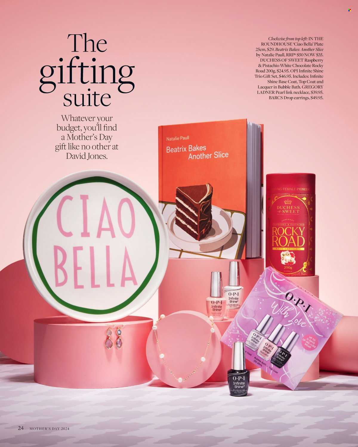 thumbnail - David Jones Catalogue - Sales products - gift set, white chocolate, chocolate, Bella, base coat, top coat, plate, Pioneer, necklace, earrings. Page 24.