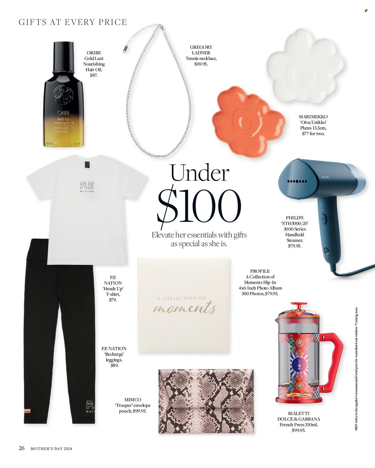 thumbnail - David Jones Catalogue - Sales products - Dolce & Gabbana, Philips, oil, hair oil, plate, envelope, book, French press, vertical steamer, t-shirt, leggings, necklace. Page 26.