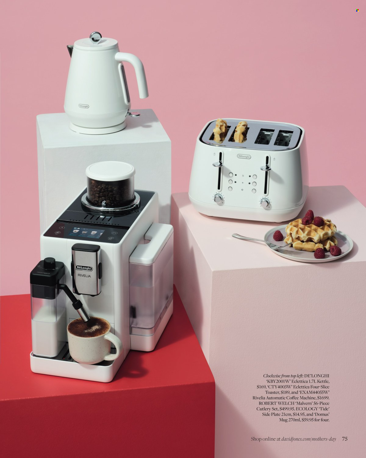 thumbnail - David Jones Catalogue - Sales products - mug, plate, cutlery set, coffee machine, De'Longhi, toaster, kettle. Page 75.