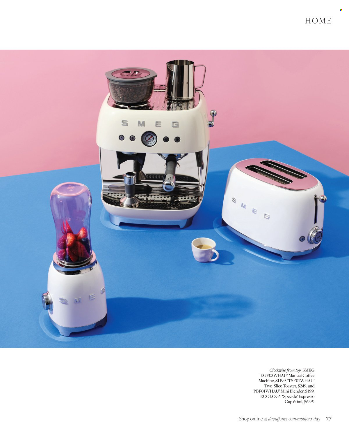 thumbnail - David Jones Catalogue - Sales products - Smeg, cup, coffee machine, blender, toaster. Page 77.