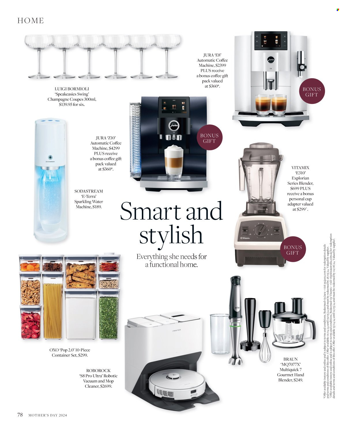 thumbnail - David Jones Catalogue - Sales products - gift set, water, sparkling wine, champagne, alcohol, mop, SodaStream, cup, container, storage container set, Braun, coffee machine, robot vacuum, hand blender. Page 78.
