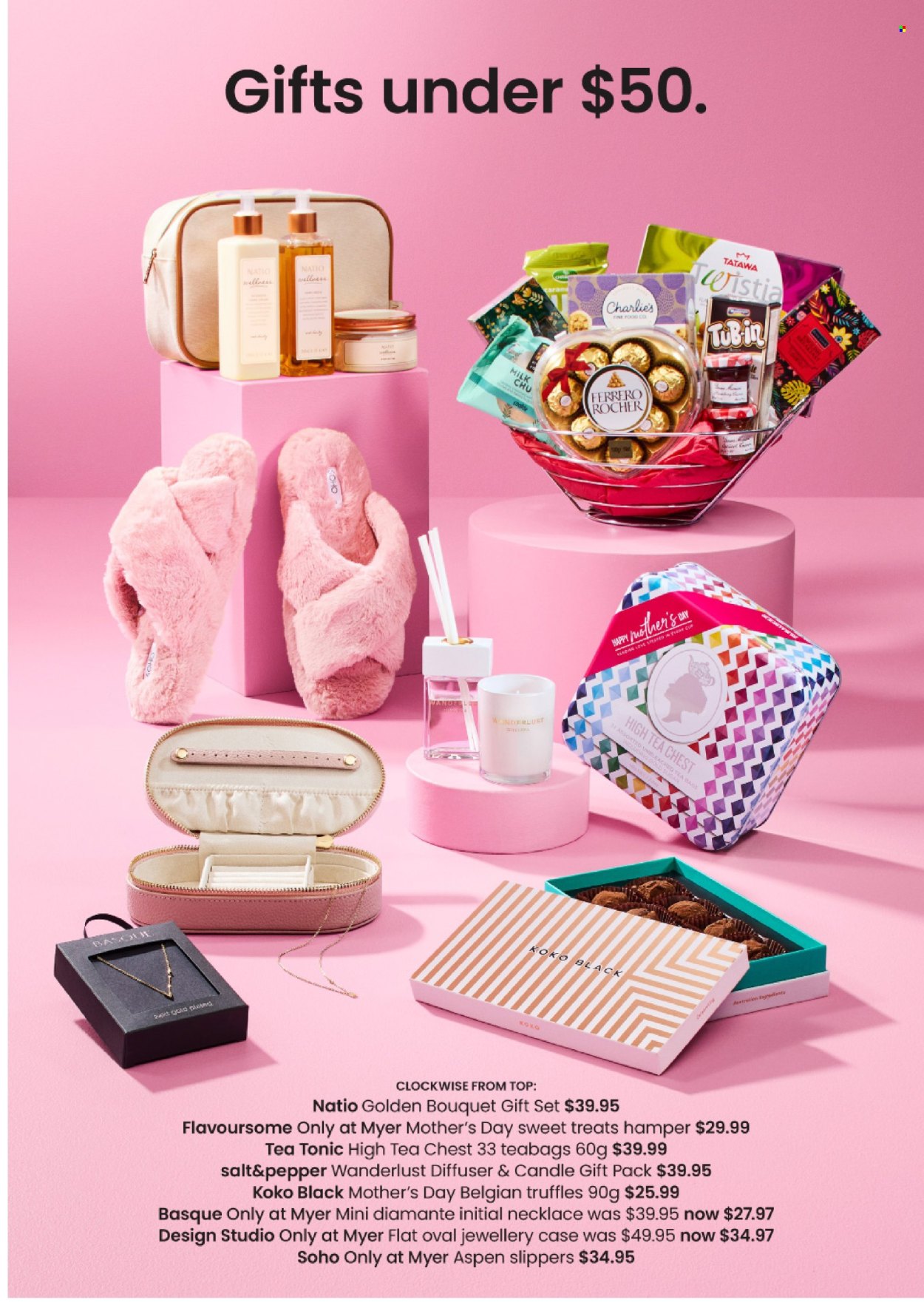 thumbnail - Myer Catalogue - Sales products - slippers, gift set, hamper, diffuser, necklace. Page 3.