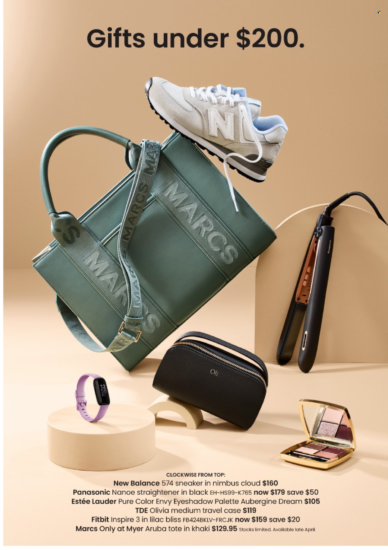 thumbnail - Myer Catalogue - Sales products - New Balance, sneakers, Panasonic, Estée Lauder, Fitbit, straightener, tote. Page 5.