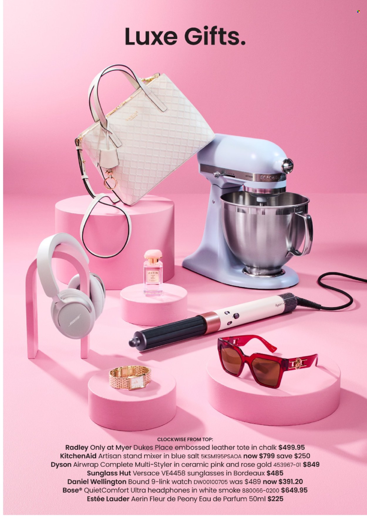 thumbnail - Myer Catalogue - Sales products - Versace, Estée Lauder, eau de parfum, KitchenAid, BOSE, headphones, Dyson, mixer, stand mixer, tote, sunglasses, watch. Page 6.