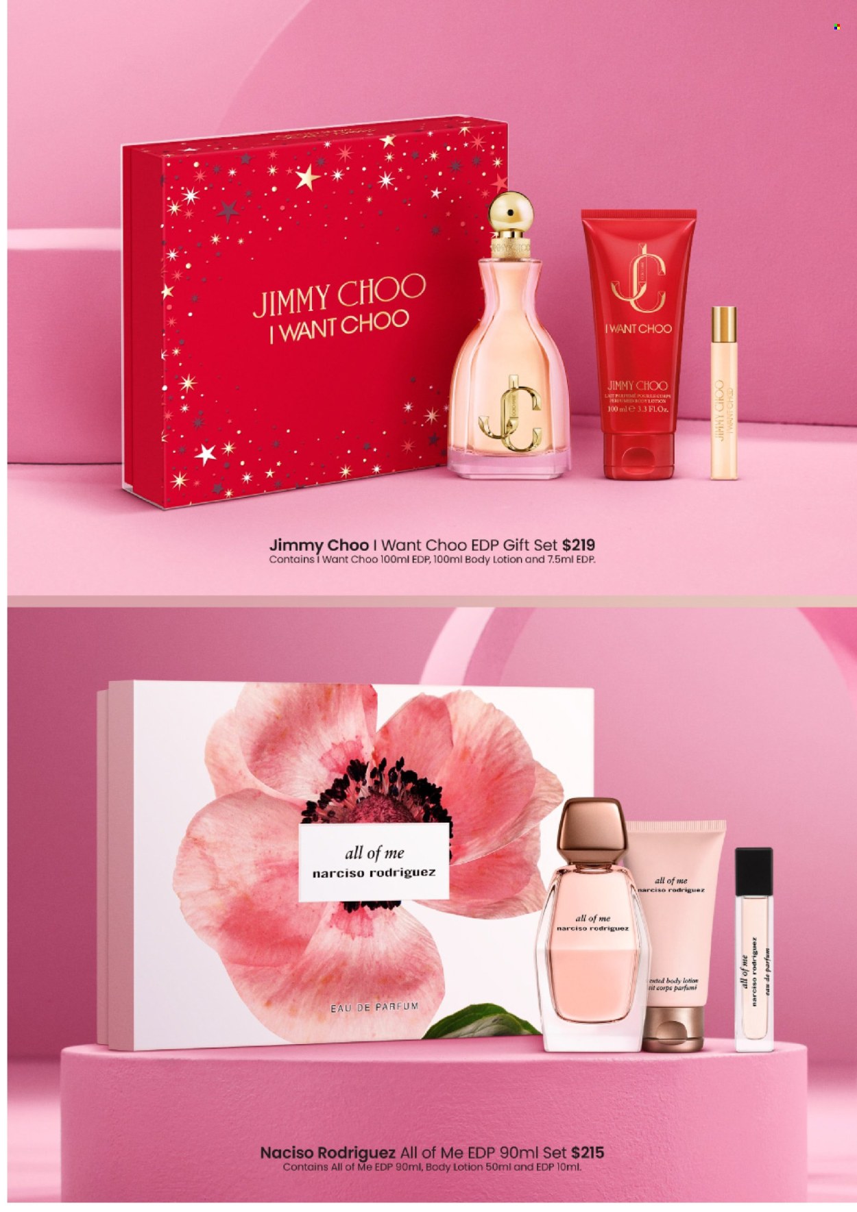thumbnail - Myer Catalogue - Sales products - body lotion, Narciso Rodriguez, eau de parfum, gift set, Jimmy Choo. Page 10.