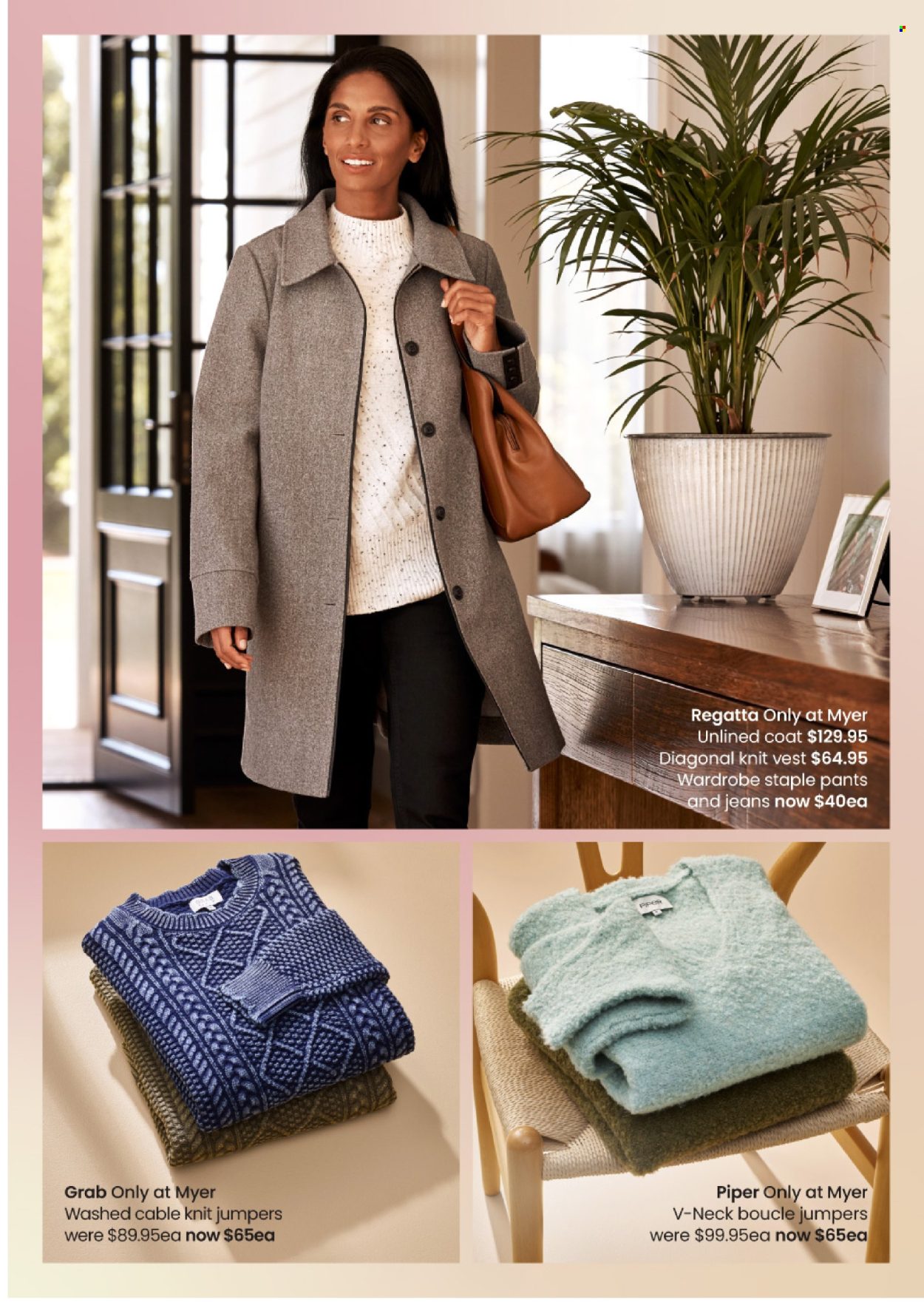 thumbnail - Myer Catalogue - Sales products - coat, jeans, pants, vest. Page 25.