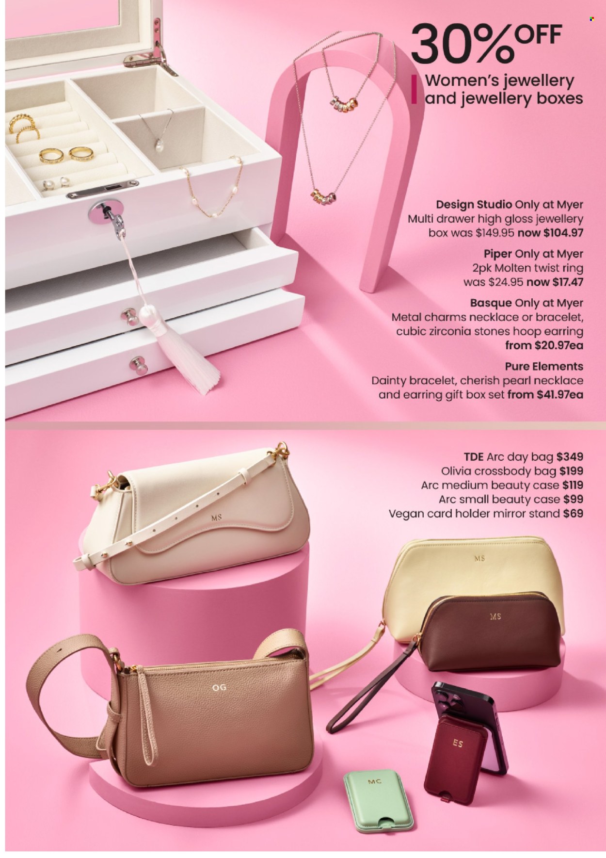 thumbnail - Myer Catalogue - Sales products - gift box, bag, mirror, cross body bag, bracelet, necklace, earrings. Page 32.