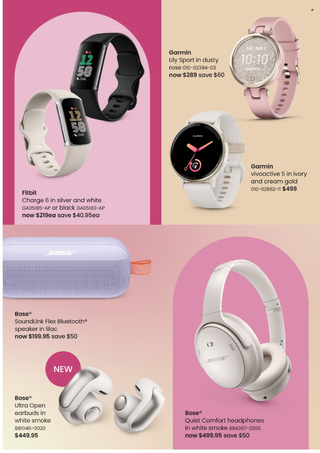 thumbnail - Myer Catalogue - Sales products - Garmin, Fitbit, BOSE, speaker, headphones, earbuds. Page 33.