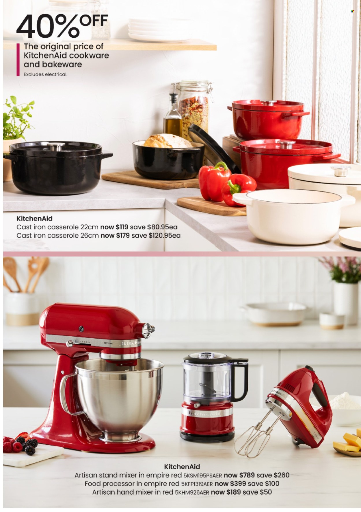 thumbnail - Myer Catalogue - Sales products - cookware set, KitchenAid, casserole, bakeware, mixer, stand mixer, hand mixer, food processor. Page 34.