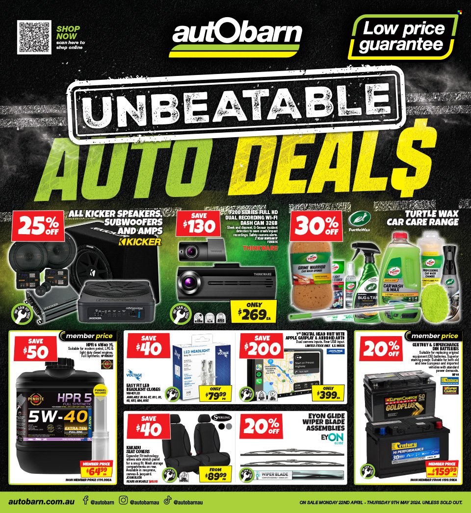 thumbnail - Autobarn Catalogue - 22 Apr 2024 - 9 May 2024 - Sales products - dashboard camera, wiper blades, car seat cover, battery. Page 1.