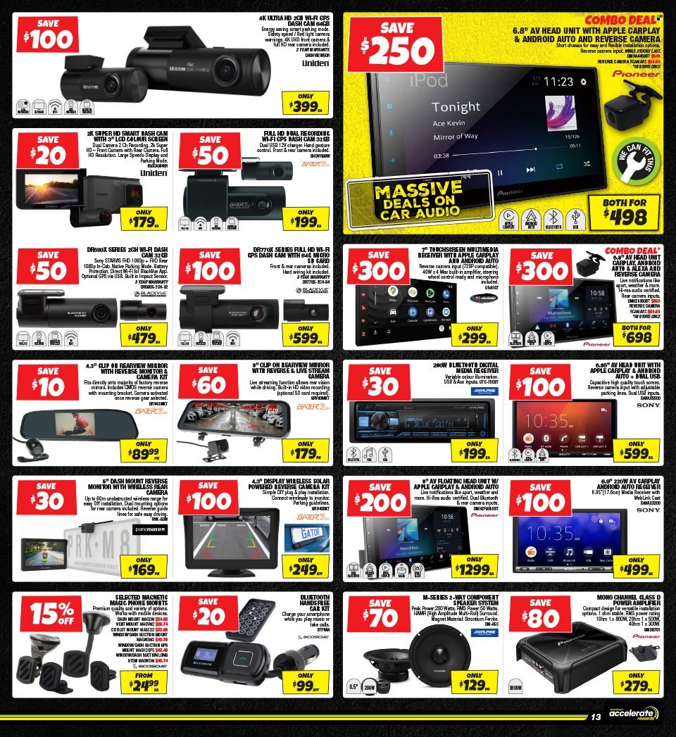 thumbnail - Autobarn Catalogue - 22 Apr 2024 - 9 May 2024 - Sales products - dashboard camera, mobile phone holder, wiring kit. Page 13.