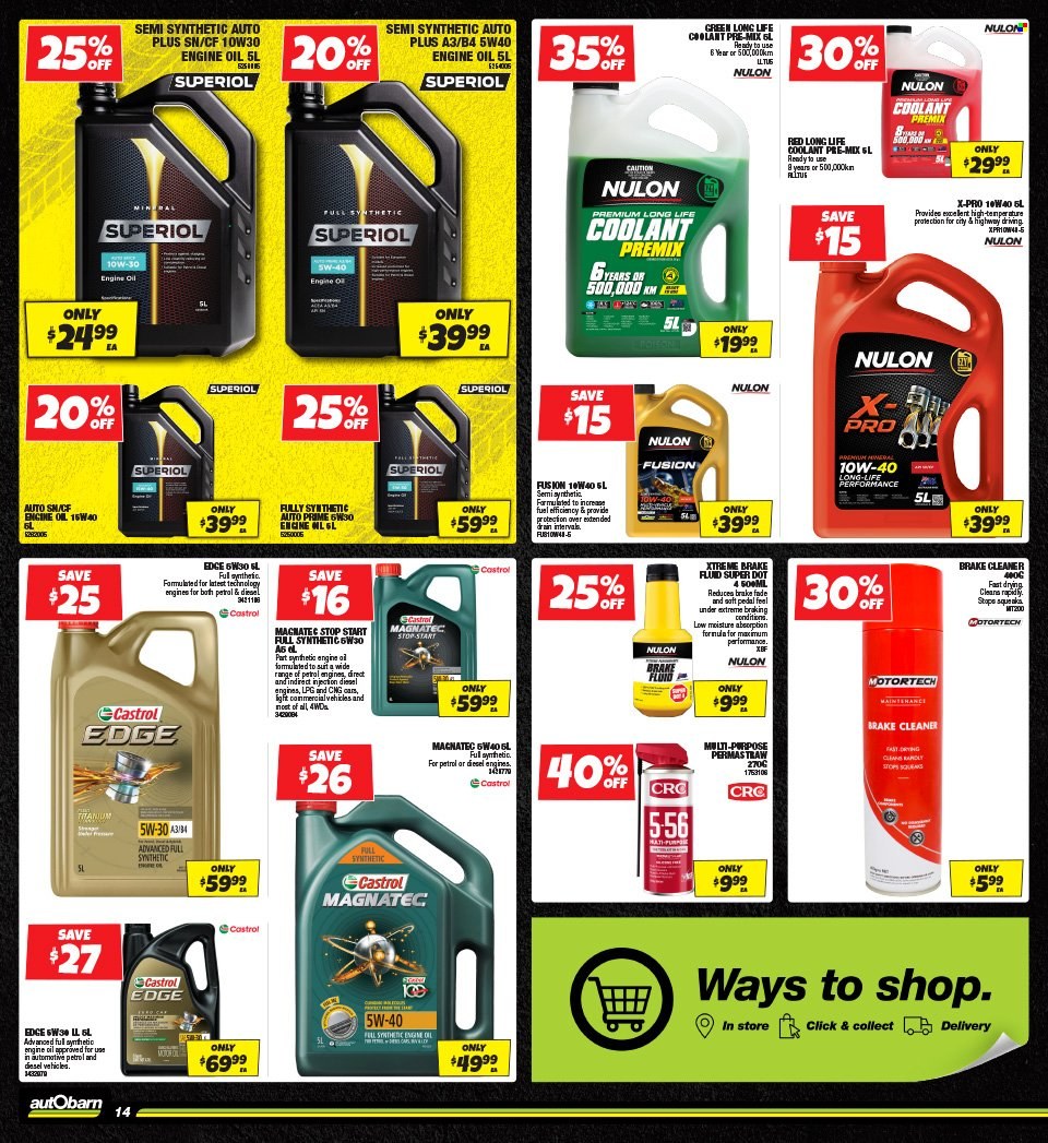 thumbnail - Autobarn Catalogue - 22 Apr 2024 - 9 May 2024 - Sales products - brake cleaner, cleaner, Nulon, motor oil, Castrol, brake fluid. Page 14.