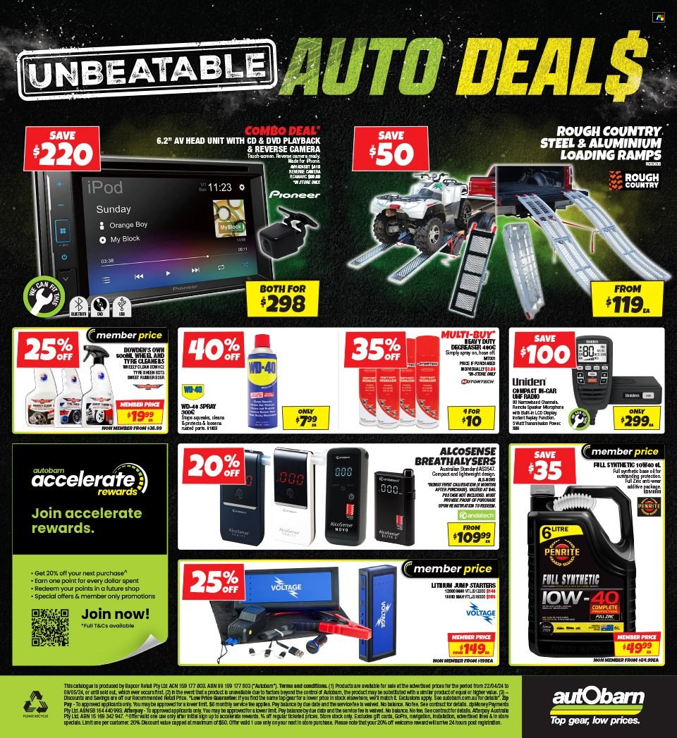thumbnail - Autobarn Catalogue - 22 Apr 2024 - 9 May 2024 - Sales products - radio, car ramps, Bowden's, cleaner, Penrite, degreaser, WD-40. Page 16.