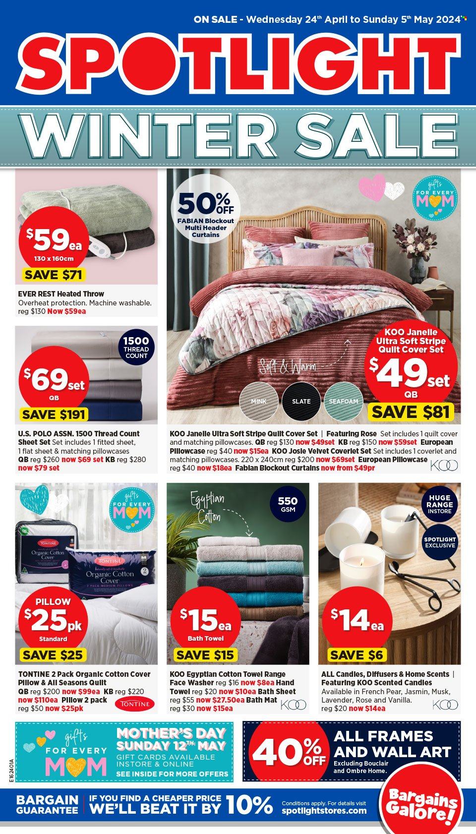 thumbnail - Spotlight Catalogue - 24 Apr 2024 - 5 May 2024 - Sales products - candle, diffuser, scented candle, pillow, bedding, blanket, pillowcase, curtain, quilt cover set, bed sheet, bath mat, bath towel, towel, hand towel, bath sheet, wall decor, lavender. Page 1.