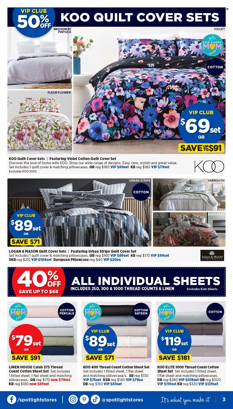 thumbnail - Spotlight Catalogue - 24 Apr 2024 - 5 May 2024 - Sales products - bedding, linens, pillowcase, cotton quilt, quilt cover set, bed sheet. Page 3.