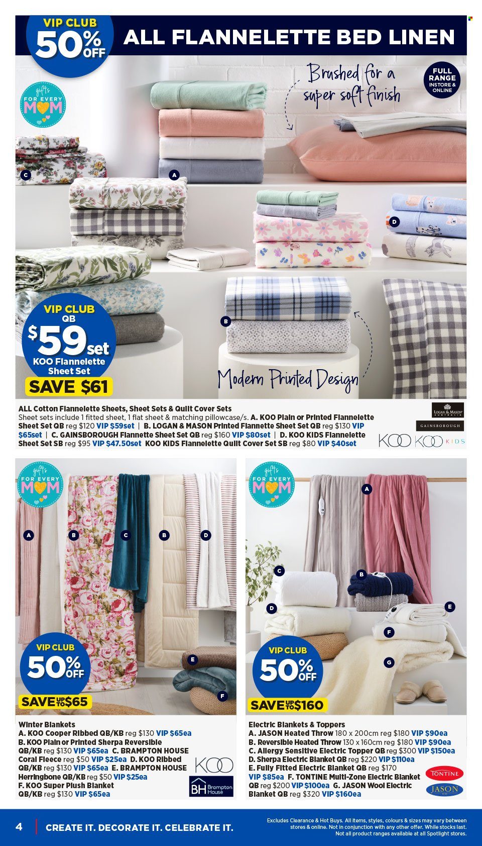 thumbnail - Spotlight Catalogue - 24 Apr 2024 - 5 May 2024 - Sales products - spotlight, bedding, blanket, linens, topper, pillowcase, flannelette sheets, quilt cover set, bed sheet. Page 4.