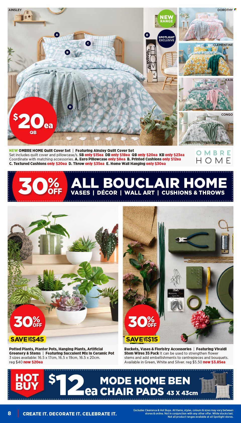 thumbnail - Spotlight Catalogue - 24 Apr 2024 - 5 May 2024 - Sales products - bucket, spotlight, chair pad, blanket, cushion, quilt cover set, wall decor, vase, bouquet, succulent. Page 8.