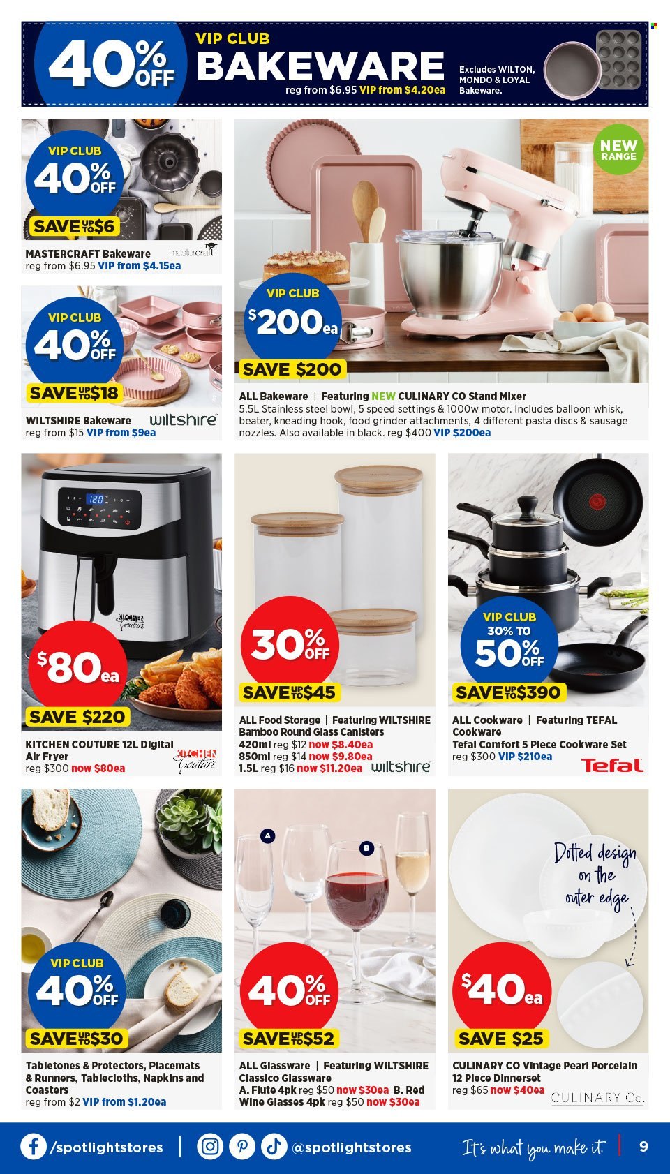 thumbnail - Spotlight Catalogue - 24 Apr 2024 - 5 May 2024 - Sales products - cookware set, dinnerware set, glassware set, Tefal, wine glass, bakeware, coasters, meal box, balloons, flute, tablecloth, napkins, placemat, houseplant. Page 9.