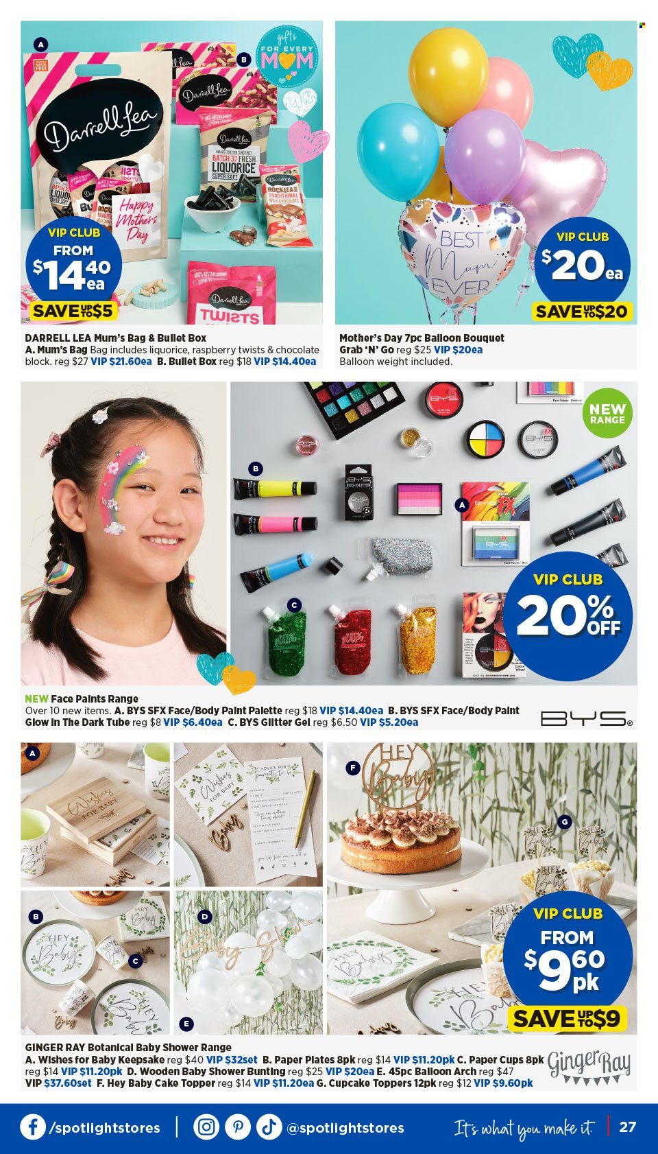 thumbnail - Spotlight Catalogue - 24 Apr 2024 - 5 May 2024 - Sales products - plate, cup, glitter, balloons, party cups, paper plate, topper, bouquet. Page 27.