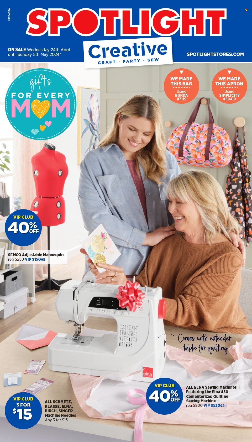 thumbnail - Spotlight Catalogue - 24 Apr 2024 - 5 May 2024 - Sales products - apron, bag, sewing machine. Page 1.