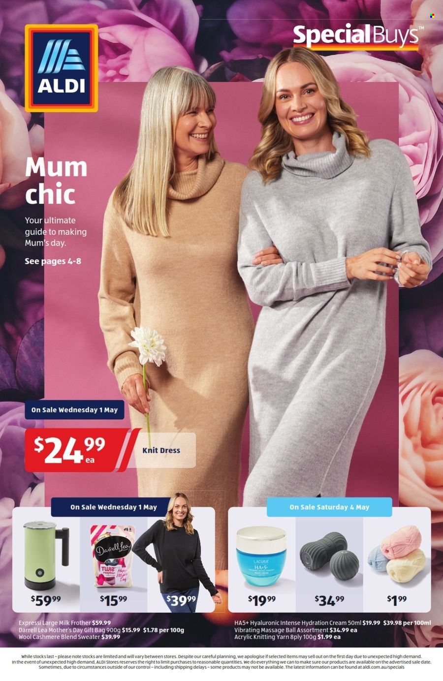 thumbnail - ALDI Catalogue - 1 May 2024 - 7 May 2024 - Sales products - chocolate candies, Mum, gift bag, knitting wool, milk frother, dress, sweater. Page 1.